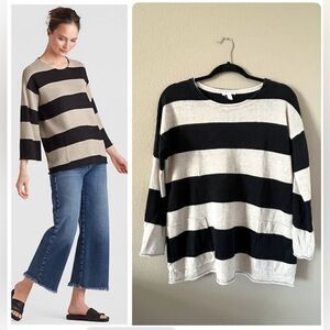 Eileen Fisher 100% Linen Striped Pocket Sweater